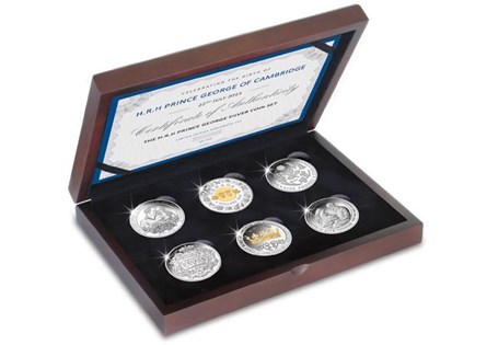 A set of 6 silver coins including coins issued by Autralia, Canada, New Zealand, Jersey, UK and Gibraltar to celebrate the birth of the Duke and Duchess of Cambridge's first child, Prince George.