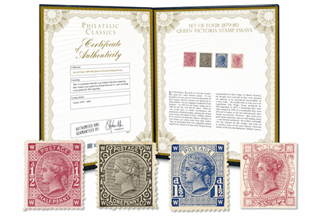 Own a set of four Victorian Stamp Essays. Created in 1879-80 after Perkins, Bacon and Co. lost the contract to print Britain's low value stamps, these four trials were used to tender for the business.