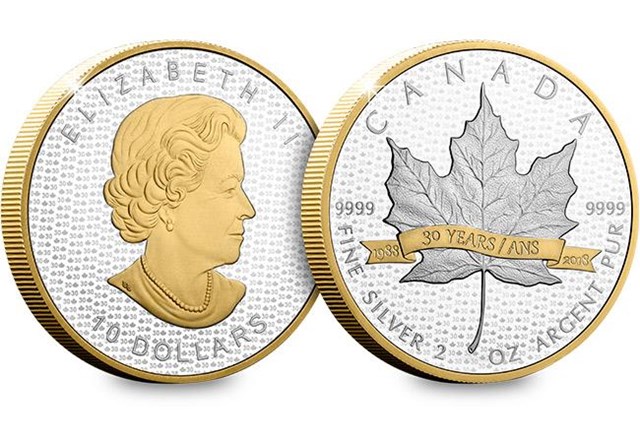 Canada 2018 Maple Leaf 30th Gold Plated 2oz Silver Obverse Reverse