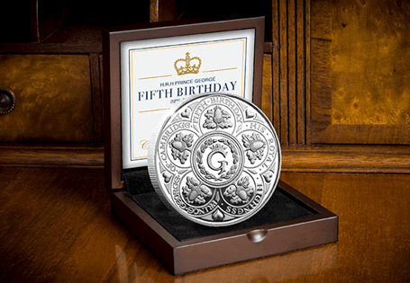 The .925 silver proof coin issued by Jersey to celebrate the 5th Birthday of HRH Prince George. Featuring the acorn and acorn leaves, in 5 sections to represent his 5 years surrounding his monogram.