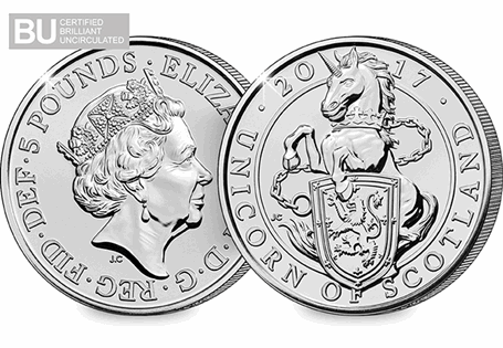 The Unicorn of Scotland is a traditional symbol of strength and beauty. This £5 coin has been protectively encapsulated and certified as Brilliant Uncirculated quality.