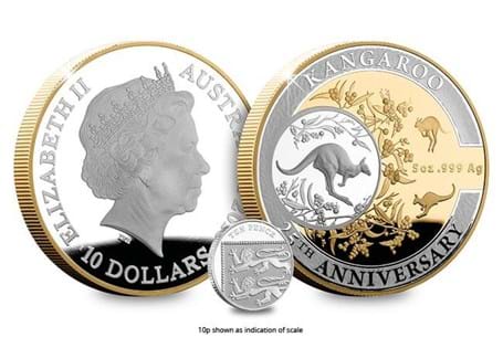 Celebrating the 25th Anniversary of the Kangaroo Series of Australian Coins, the Royal Australian Mint presents this 2018 5oz Fine Silver Proof coin featuring selective Gold plating.EL of 1993.