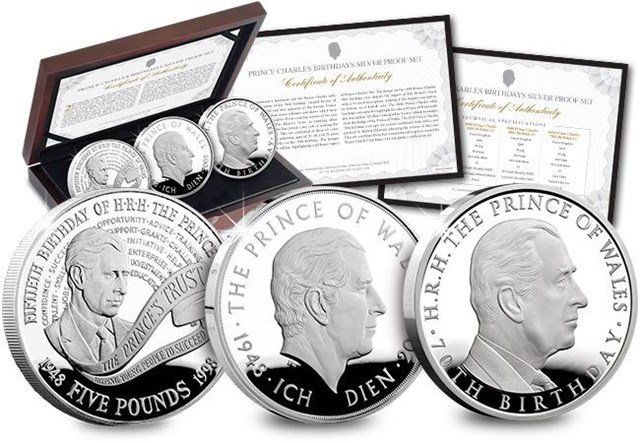 Prince Charles Birthdays Historic Uk Silver Proof Five Pound Three Coin Set