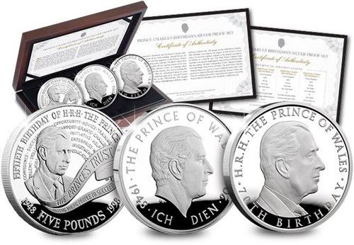 Prince Charles Birthdays Historic Uk Silver Proof Five Pound Three Coin Set
