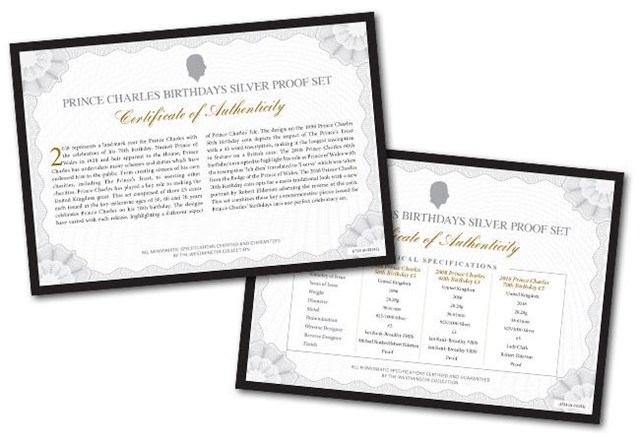Prince Charles Birthdays Historic Uk Silver Proof Five Pound Three Coin Set Certificate