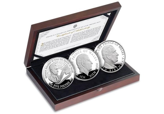 Prince Charles Birthdays Historic Uk Silver Proof Five Pound Three Coin Set In Display Case