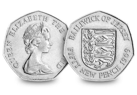 This Jersey 50p was issued between 1969 and 1980 in the old, larger 50p specifications. This coin features a shield on the back and is in circulated quality.