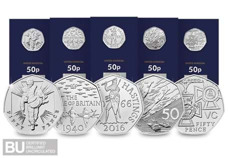 The 2019 50th Anniversary of the 50p Military CERTIFIED BU Set includes five brand new 50p coins that have been re-issued by The Royal Mint in 2019. 