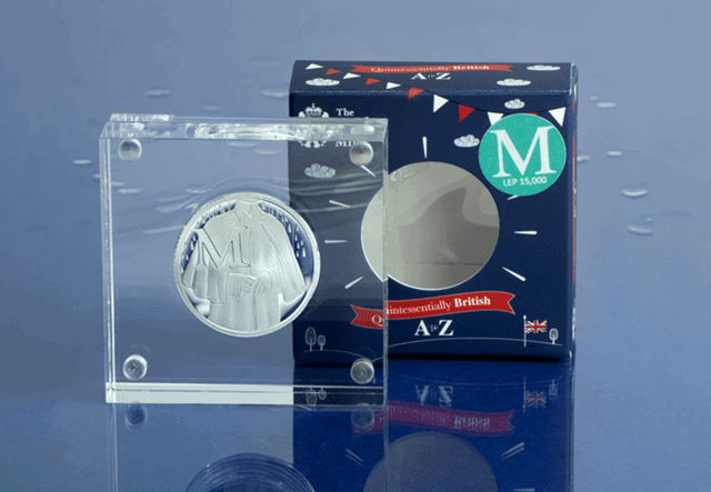 2018 UK 'M' Silver Proof 10p Reverse in Acrylic Slab with Box behind