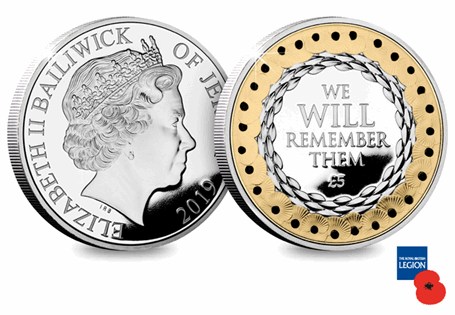 This silver £5 coin is gold plated with the obverse featuring QEII and the reverse featuring the quote 'We will remember them' surrounded by poppies.