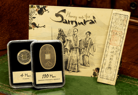 Included in this set are two coins and a bank note from the period of the last samurai. Denominations are a 4 Mon holed coin, a 100 Mon holed coin, and a 3 Monme banknote.
