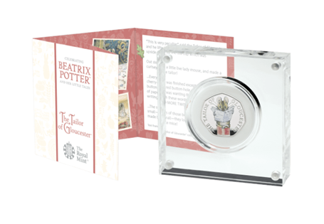 This UK 2018 Silver Proof Tailor of Gloucester 50p has been issued by The Royal Mint. The reverse depicts a Tailor of Gloucester design, the obverse is a portrait of Queen Elizabeth II by Jody Clark.