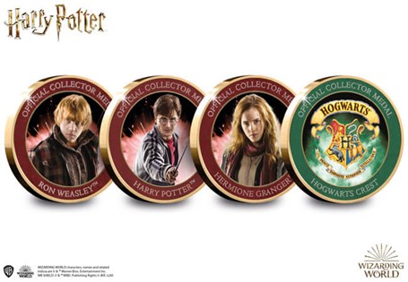The Official Harry Potter Medals feature full colour images of fan favourite characters: Harry Potter, Hermione Granger, Ron Weasley. Plus a complimentary medal featuring the Hogwarts Crest.