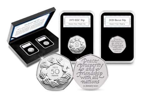 The 2020 Brexit 50p has been paired alongside an original 1973 Entry to the European Economic Community 50p commemorative coin. EL: 10,000.