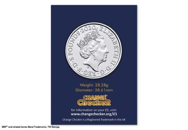 2020 UK James Bond BU £5 Crown obverse in Change Checker packaging