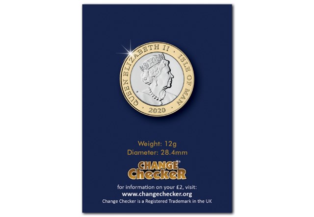 Change Checker Mayflower 2 Pound Coin BU obverse in Change Checker packaging