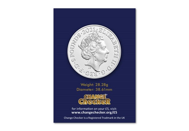 2021 UK Mr. Happy CERTIFIED BU £5 obverse in Change Checker packaging