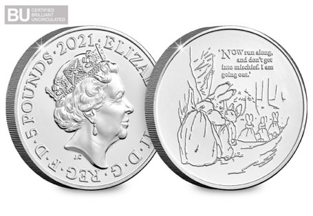 This £5 coin was issued to commemorate the 120th Anniversary of the publishing of the much loved children's tale — The Tale of Peter Rabbit™.