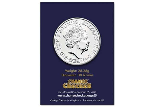 2021 UK Queen's Beasts CERTIFIED BU £5 obverse in Change Checker packaging