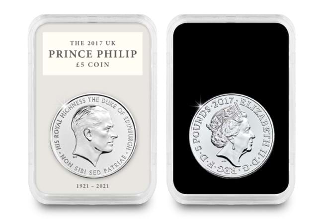 The Prince Philip Memorial Historic Coin and Stamp Collection Reverse and Obverse of £5 coin in capsule