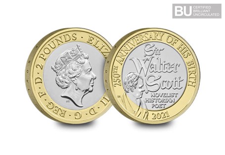 This £2 coin has been issued to commemorate the 250th Anniversary of the birth of Sir Walter Scott.  This £2 has been protectively encapsulated and certified as Brilliant Uncirculated quality.