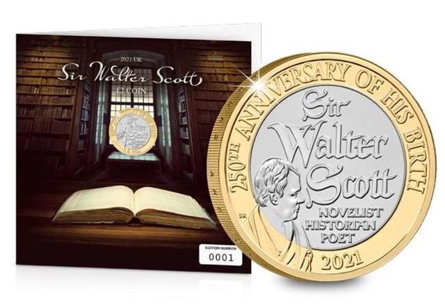 2021 UK Sir Walter Scott BU £2 Display Card beside reverse