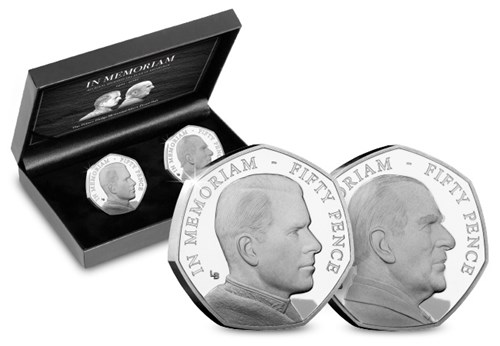 The Prince Philip Silver Proof Portrait 50p Pair Reverses beside display box.jpg