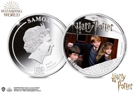 The stunning Silver-plated coin features Harry, Ron and Hermione right out of the first Harry Potter Film, the Philosopher's Stone. Struck to a Proof-like finish.