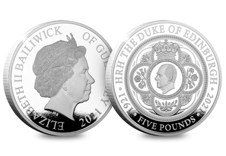 Your Prince Philip in Memoriam £5 coin has been struck to a Proof finish. The reverse features a portrait of Prince Philip surrounded by a heraldic design. EL: 4,995