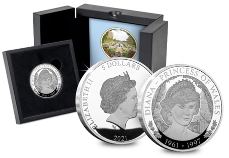 Struck from Sterling Silver to Proof finish. The Princess Diana $5 features an portrait of The People's Princess in front of her memorial gardens at Kensington Palace.