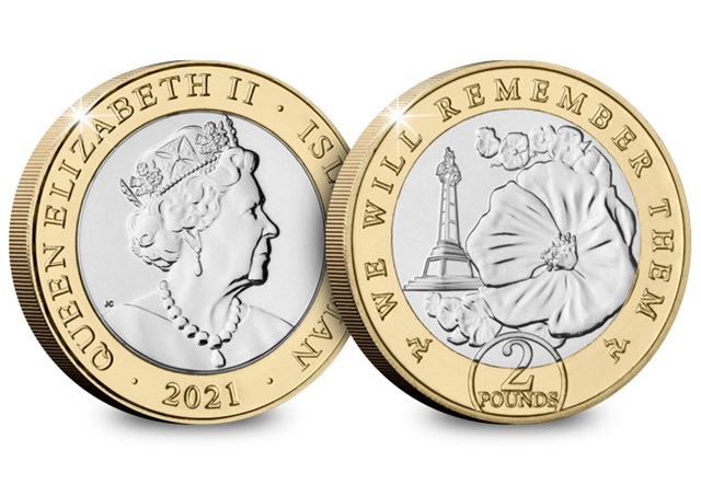 National War Memorial 2021 Isle of Man Poppy BU £2 Coin Obverse and Reverse
