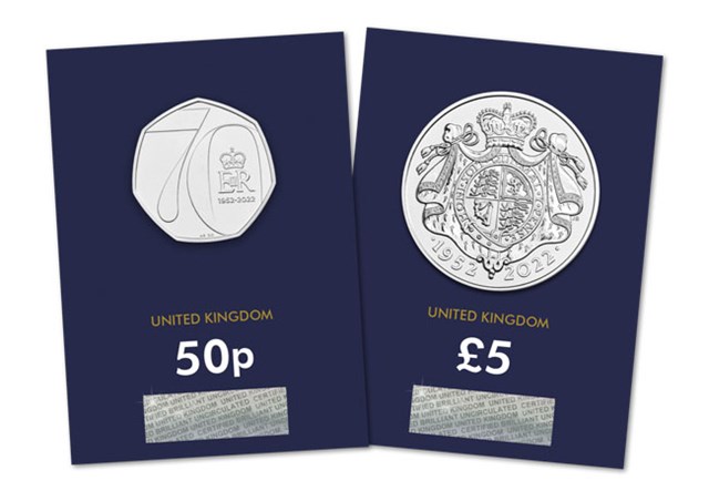 2022 Platinum Jubilee BU 50p & £5 Pair Both Reverses in Change Checker Card