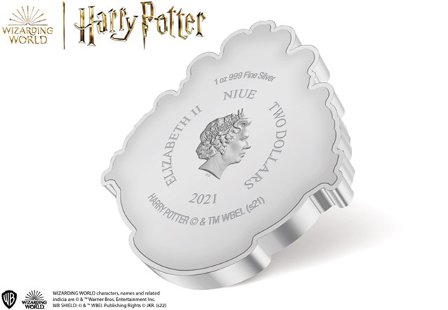 The Hogwarts Crest 1oz Silver Coin Obverse at an angle