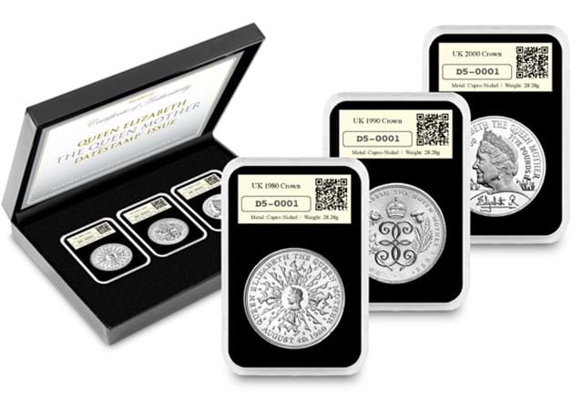 The Queen Mother Elizabeth DateStamp™ in display box with close-up of capsules