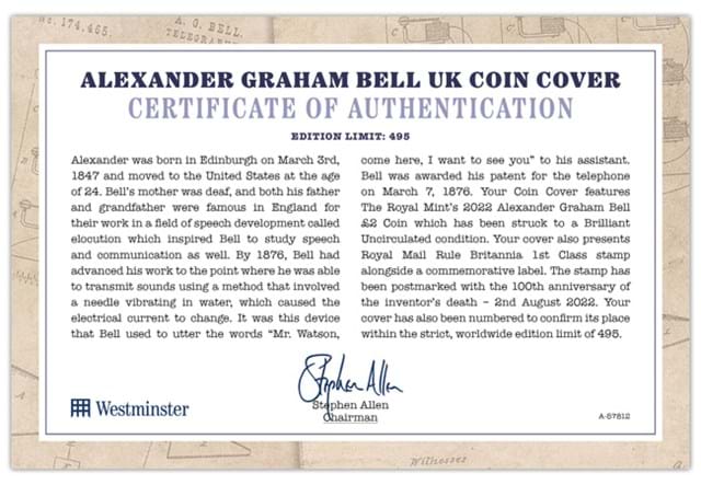 UK 2022 Alexander Graham Bell BU £2 Cover Certificate
