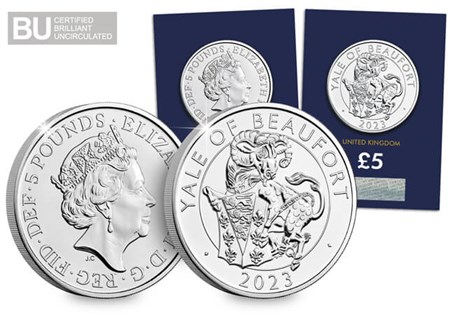 The 2023 Royal Tudor Beasts: Yale of Beaufort £5 has been issued to continue the celebration of the new Royal Tudor Beasts series. It has been protectively encapsulated and certified as BU Quality.