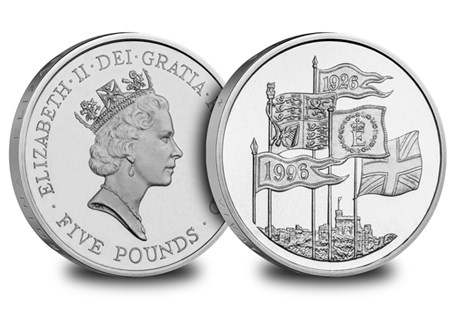 Issued in 1996 to celebrate the 70th Birthday of Queen Elizabeth II. Reverse design features Windsor Castle and two pennants bearing the anniversary dates 1926 and 1996.