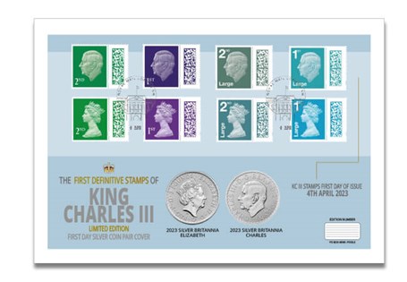 Combining the first 1oz Silver Britannia and Definitive stamps of King Charles III with the last 1oz Silver Britannia and definitive stamps of Queen Elizabeth II