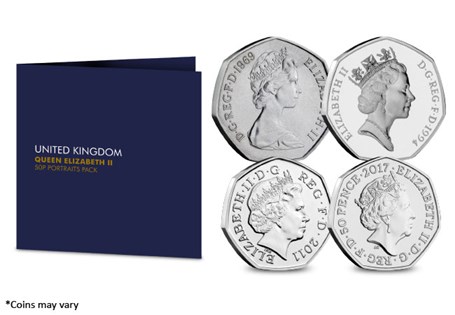 This coin set includes 4 50p coins featuring 4 different effigies of Queen Elizabeth II. This includes portraits designed by Machin, Maklouf, Rank-Broadley and Clark.