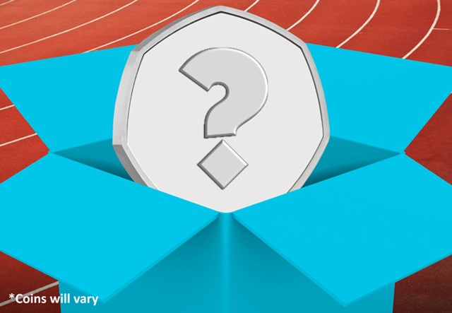 Olympic 50p Lucky dip - mystery coin in a blue box with a racetrack background