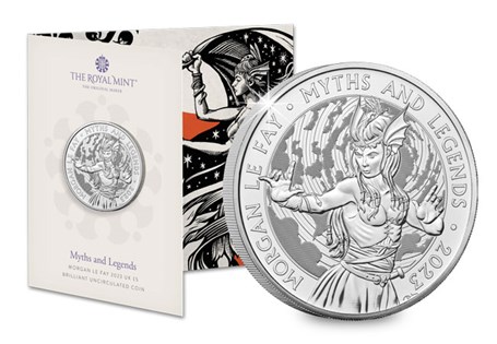 This UK 2023 £5 coin has been issued by The Royal Mint as the next BU £5 in the Myths and Legends series, this time celebrating Morgan Le Fay. Struck to brilliant uncirculated quality.