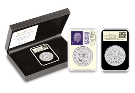 This DateStampTM features the UK 2023  KCIII 75th Birthday BU £5 and has been postmarked on his birthday: 14th November 2023