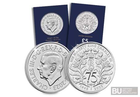 The Royal Mint have issued a £5 to celebrate King Charles III 75th birthday. This coin is finished to a Brilliant Uncirculated quality.