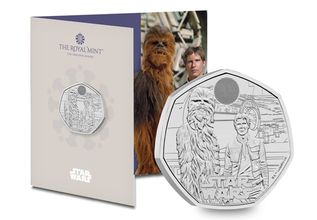 431H Han Solo & Chewbacca BU 50P Pack Coin In Front Of Packaging