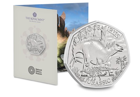 This 50p features the Stegosaurus. It is the second coin in the new Dinosaurs: Iconic Specimens series. Struck to a Brilliant Uncirculated finish, it comes in its official Royal Mint packaging.