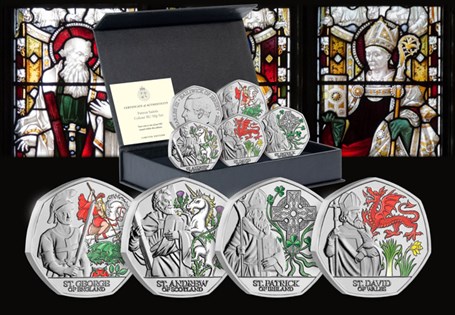 Set of four 50p coins issued by Jersey to celebrate the Patron Saints of the United Kingdom. Struck to a Brilliant Uncirculated finish with selective colour application.