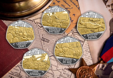 Struck from Sterling Silver to a Proof finish, with the addition of gold-plating, this 50p set has been issued by Jersey honouring the 80th Anniversary of D-Day.
