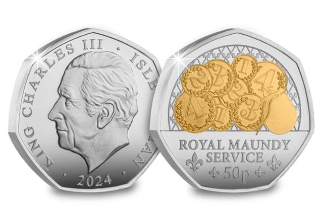 KCIII Inaugural Year Silver (With Gold Plate) 50Ps Royal Maundy Service Obv Rev