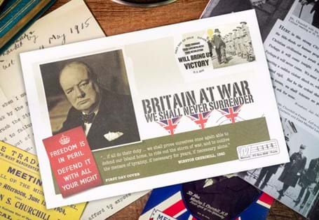 Stamp cover featuring a British 1st class stamp showing Winston Churchill inspecting troops. Postmarked on the first day of issue May 13th 2010.