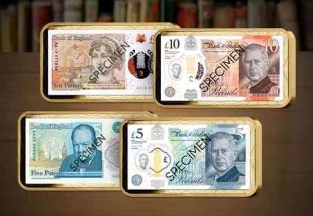 The King Charles III Banknote Ingot Pair includes four Gold-plated Limited Edition Ingots, expertly printed and depicting the New £5 and £10 Banknotes.